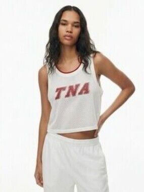 TNA Medium White Mesh Graphic Crop Jersey Tank Top Red Logo